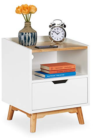 Relaxdays Nachttisch mit Holzbeinen, skandinavisches Design, Schublade, offenes Fach, Betttisch 50 x 43 x 40 cm, weiß