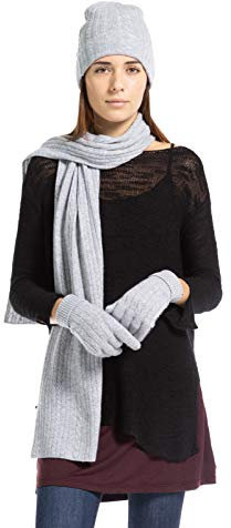 Fishers Finery Damen reines Kaschmir Zopfmuster Mütze Handschuh Schal Set mit Geschenkbox, Grau meliert, Eine Größe passt meistens