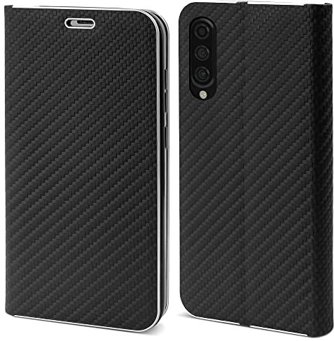 Moozy Hülle für Samsung A50, Schwarz Carbon – Metallischer Kantenschutz Klapphülle Handyhülle mit Kartenfach und Standfunktion