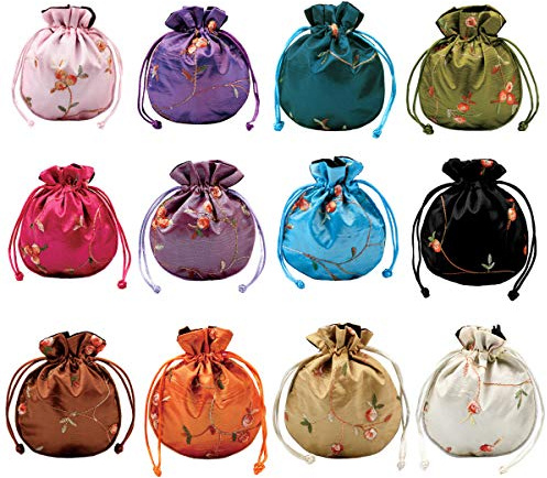 kilofly Lot de 12 Porte-Monnaie en Soie avec Cordon de Serrage Motif Floral brodé, Multicolore, 4.3 x 5.1 inch