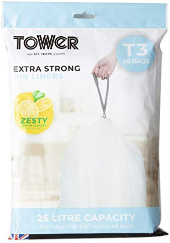 Tower T878002 Kitchen Bin Bag 25L Lemon Scented Heavy Duty Drawstring Waste Bin Liners, 20 Pack, White