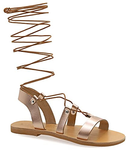 38 Roségold Emmanuela Knieshohe Ledersandalen im antiken griechischen Stil, handgefertigte flache Gladiator sandalen mit offenen Zehen, hochwertige Sommerschuhe zum Binden für Frauen