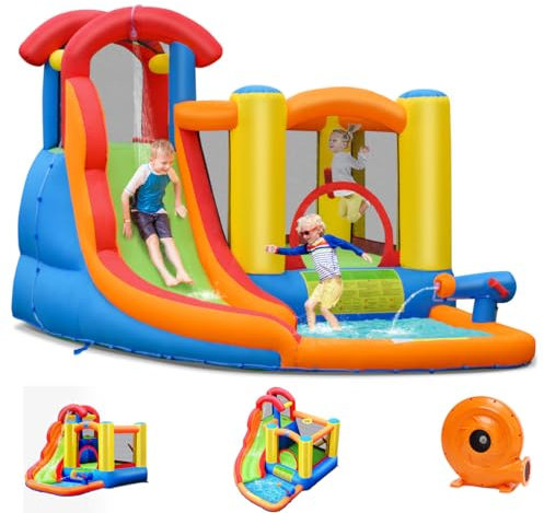 GOPLUS Château Gonflable,Aire de Jeux Gonflable avec Zone de Saut de Mur d'escalade Canon à Eau de Piscine et Toboggan pour Fête,Été,Cadeau pour Enfant 3-10 Ans, Pompe Air Incluse