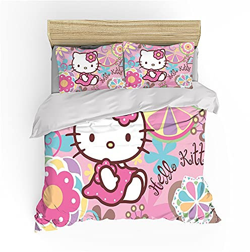 NICHIYOBI Hellokitty Bettbezug Bettwäsche Set - Bettbezug und Kissenbezug,Mikrofaser,3D Digital Print dreiteiliger Bettwäsche (2,135x200cm+ 80x80cmx2)