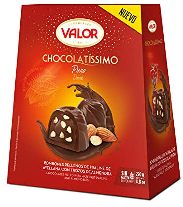 Valor - Chocolatíssimo Puro. Bombones de chocolate puro con praliné de avellana y trozos de almendra. e intenso Sabor y Aroma - 250 Gramos