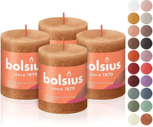 BOLSIUS 4 Stück braune rustikale Stumpenkerzen 7,9 x 8,25 cm Premium-Qualität natürliches umweltfreundliches Wachs auf pflanzlicher Basis geruchlos, tropffreie, rauchfreie 35-Stunden-Party-Deko-Kerzen
