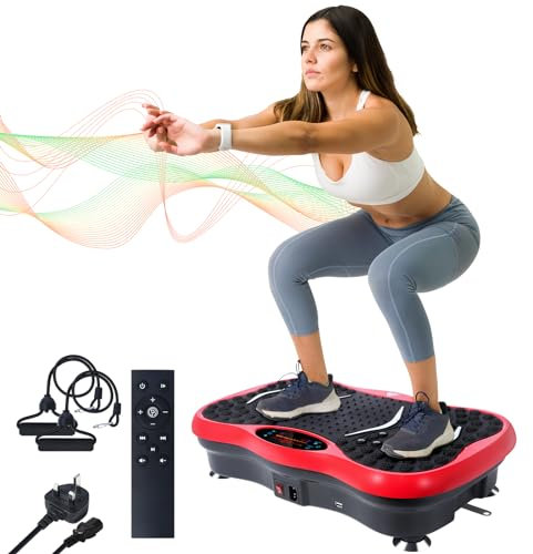 EVOLAND Vibration Plate Exercise Machine, Vibration Fitness Trainer with Bluetooth Speaker 5 Program Modes 2 Resistance Bands, Home Exercise Equipment for Fitness Body Toning-Red