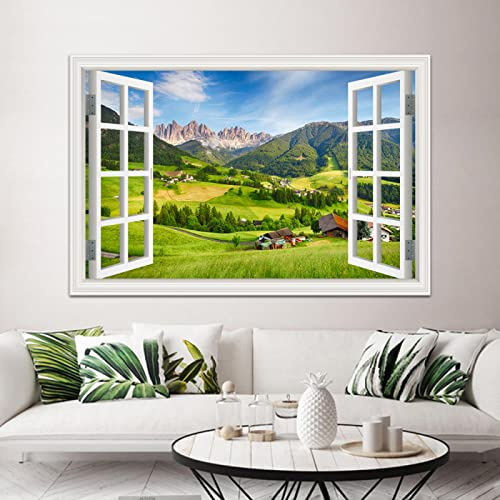 LKLKLK Finestra Finta Quadro paesaggistica di una casa in legno con prato verde,Stampe su Tela,Quadri su tela per la decorazione dell'ufficio del soggiorno 80x120cm(32x48in) Senza cornice