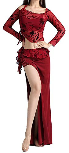 GUOCU Damen Bauchtanz Kostüme Orientalisch Anzug Tanzkleidung Elegantes Tanz Outfits Transparente Oberteile mit Blumendruck und Rüschen-Maxirock Karnevals kostüm WineRot M