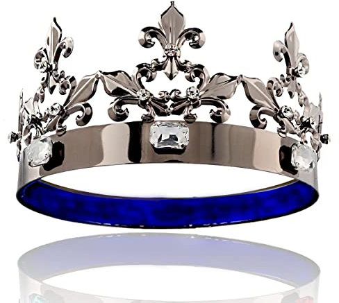 LEEMASING Herren König Königin Royal Barock Prinz Krone Runde Krone Haarschmuck für Kostüm Party Halloween Festzug Hochzeit (Schwarz mit weißem Stein)