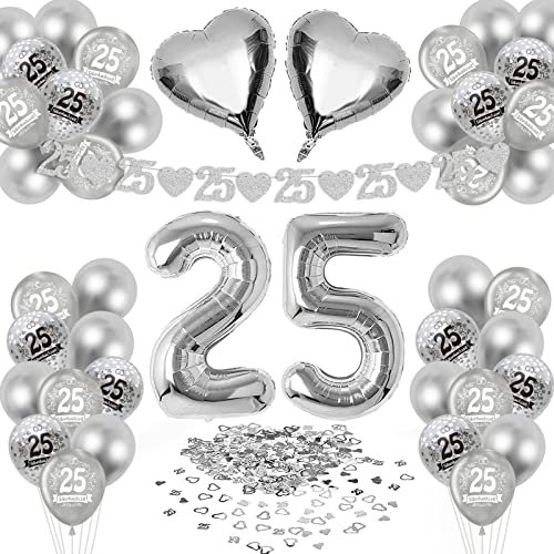 HLEIUKT Silberhochzeit Deko, 25. Hochzeitstag Luftballons, Konfetti, Folienballons, 25. Hochzeitstag Girlanden, Silberhochzeit Tischdeko, Silber Luftballons Deko für Silberne Hochzeit Feier Deko