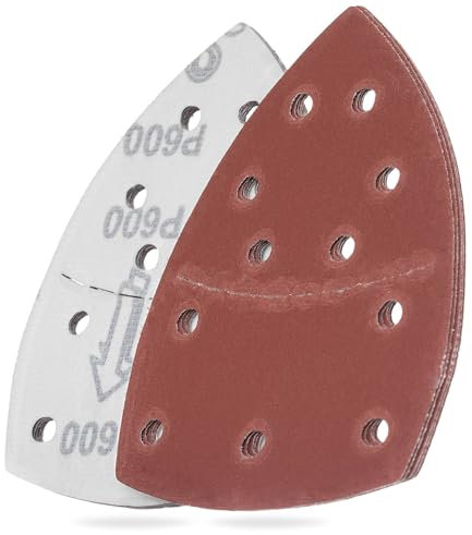 YoiYee Lot de 10 feuilles abrasives grain 600, papier de verre triangulaire Delta, fermeture auto-agrippante, 11 trous, accessoires pour ponceuse multiple, rouge