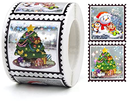 Gyufise 300Pcs 1.5Inch Silver Laser Merry Christmas Snowman Tree Tags Xmas Stickers for Baking Packaging Envelope Seals Stickers Tags for Christmas Decoration Party Gift Wrap Bag