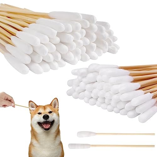 Vaktop Hunde Wattestäbchen, 100 Stück 2 Größe Haustiere Ohrreiniger Lang, Ohrreinigungsstäbchen Haustier mit Breiter Kopf - für Haustiere Hunde, Katzen (15cm/12cm)
