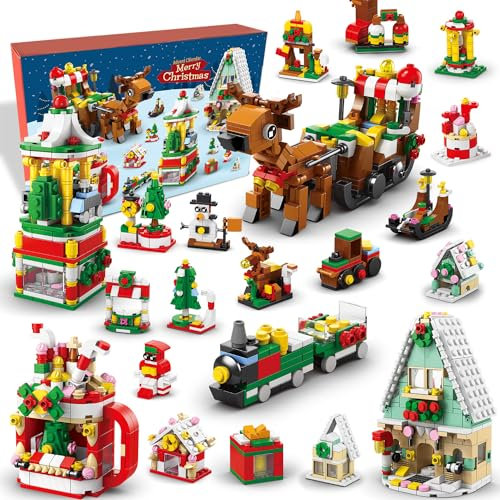 Christmas Advent Calendar, 24 Days Countdown Surprises for Kids Christmas Toys, Kids 6 in 1 Building Blocks, 1100 PCS Toy Playset Includes Santa Claus Christmas Tree Train House Party Boys Girls