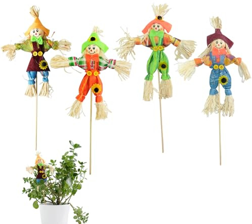 Molyorch 4 Stück Vogelscheuche Dekor, Vogelscheuche Halloween, Herbstdeko Draußen, Harvest Vogelscheuche, für Herbstblumentöpfe, Gartendekoration, Festivaldekoration (Zufallsfarbe)