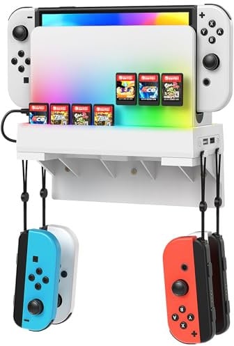 YUANHOT Switch Wall Mount for Nintendo Switch and Switch OLED,Switch Games Stand Controller Holder,Wall Console Shelf with 7 Game Card Holders 4 Joy Con Hanger Safely Organizer Accessories