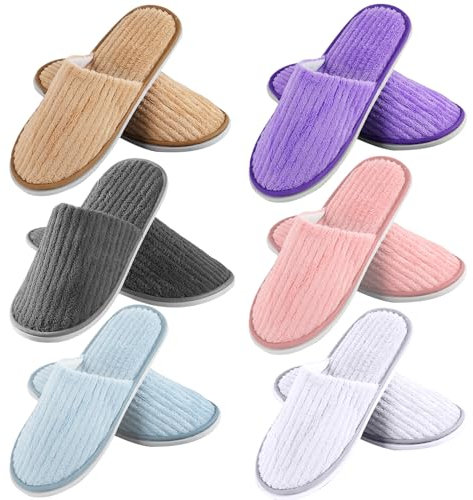 Nizirioo 6 paia di pantofole per ospiti, in spugna, lavabili e antiscivolo, in tessuto non tessuto corallo, misura universale, 28,5 x 11 cm, per hotel, viaggi, casa, ospiti, Bianco Rosso Blu Viola