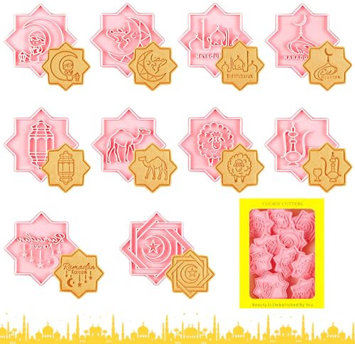 TOPJOWGA Eid Mubarak Ausstechformen Set, 10 Stück Eid Muslimischen Ausstechformen, Ramadan Islamischen Muslimischen Verschiedene Motive 3D Eid Element Keksstempel für Gebäck Fondant Cookie