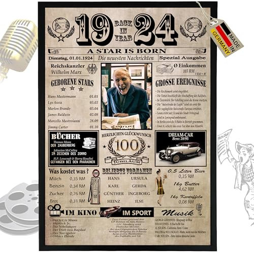 DUOMIO 6 Felder personalisierbar! Back in Year - Jahreschronik zum Geburtstag Frauen & Geburtstag Männer - Ausdruck auf 400g/qm Premium Papier -kein Holzbild- (100. Geburtstag/1925)