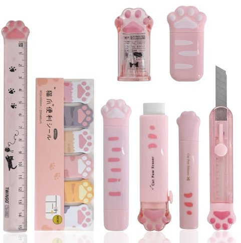 Ensemble de papeterie 9 pièces avec taille-crayon rose en forme de patte de chat, gomme rétractable, correction avec règle, mini ciseaux, notes autocollantes pour filles étudiantes écrivant