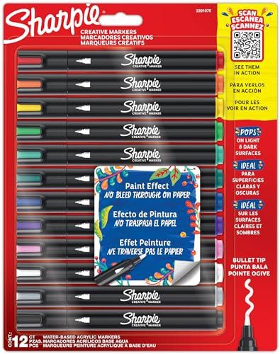 Sharpie Creative Marker Acryl-Farbstifte | Wasserbasierte Farbmarker mit Rundspitze | Schulsachen | gemischte Farben | 12 Stück