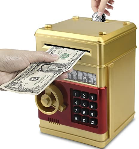 Saodom Mini-Geldautomat Sparschwein Geldautomat Kinder, elektronischer Code Sparschwein Geldzähler Safe Spardose für Jungen Mädchen Passwort-Schloss-Koffer (Gold)