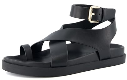 CUSHIONAIRE Entry Womens Ankle Wrap Molded Footbed Sandal with Adjustable Strap | Non-Slip Outsole | Womens Platform Sandals | Comfortable Summer Shoes | Wide Widths Available, BLACK 7W