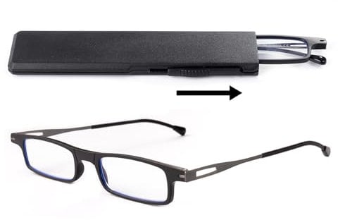 OKH Blaulichtblockierende Ultradünne Leichte Lesebrille für Damen und Herren, Anti-Augen-Überanstrengung, Kompakte Lesebrille mit Tragbarem Dehnbarem Flachem Gehäuse (Schwarz, 2,0)