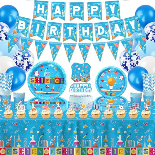 171 Pcs Science Party Supplies - Mad Scientist Geburtstag Dekoration, Labor Thema Papier Geschirr und Begünstigungen für Kind Lab Geburtstag Baby Shower - 20 Gäste