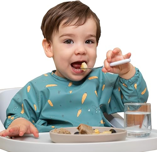 TINY WOLFIE Babero con Mangas Impermeable Bebé ideal BLW. Babi Guardería para Comer y Pintar con Manga Larga Niños y Niñas de 6 a 36 Meses hasta 3 Años. Fácil Limpieza. Muy Suave. Regalo Bebe Navidad