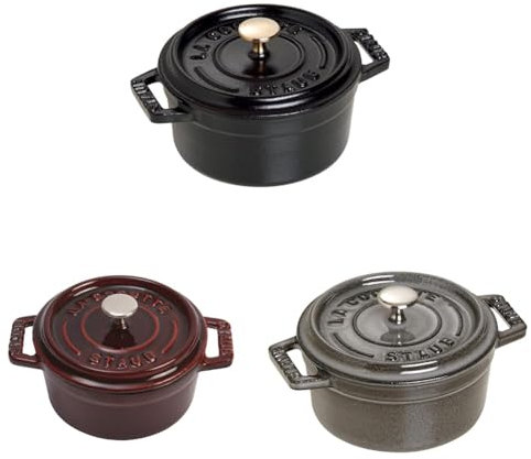 STAUB Lot de 3 Mini Cocottes en Fonte, Ronde, Ø 10 cm, 0,25 L, Noir Mat, Grenadine, Gris Graphite