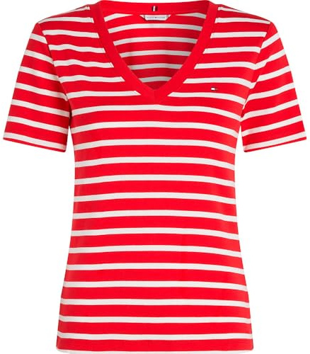 Tommy Hilfiger Damen T-Shirt Kurzarm New Slim Cody V-Ausschnitt, Mehrfarbig (Primary Red/Ecru STP), S