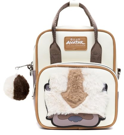 Nickelodeon Crossbody-Rucksack aus veganem Leder für Damen und Herren mit verstellbarem Riemen, Avatar Appa Furry Face und YIP! YIP! Text Debossed Tan