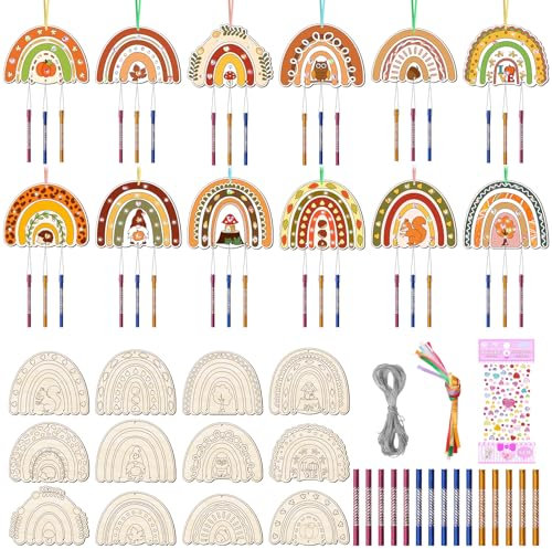 12tlg DIY Herbst Windspiel Bastelset Kinder, Regenbogen Holz Blatt Windspiele zum Bemalen mit Hängendem Klangspiele Kreativsets mit Diamant Aufkleber Geburtstag Geschenke für Mädchen Jungen