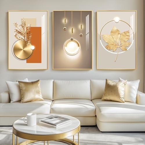 Gerahmte, moderne, luxuriöse goldene Wandkunst für Wohnzimmer, Set mit 3 zeitgenössischen Gemälden, Kunstwerk für Wände, goldene Drucke mit Goldrahmen, große Bilder für Flur, Büro, Wanddekoration, 61