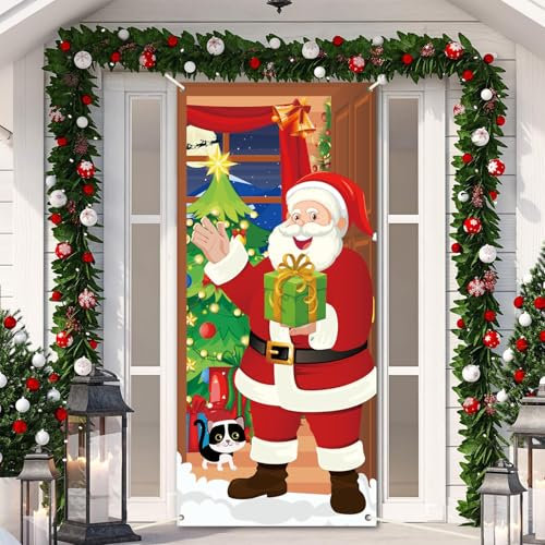 XNBTFK Christmas Door Cover, 180x90cm Santa Claus Door Cover, Xmas Door Hanging Banner Christmas, Santa Front Door Decoration, Christmas Decorations for Outdoor Indoor