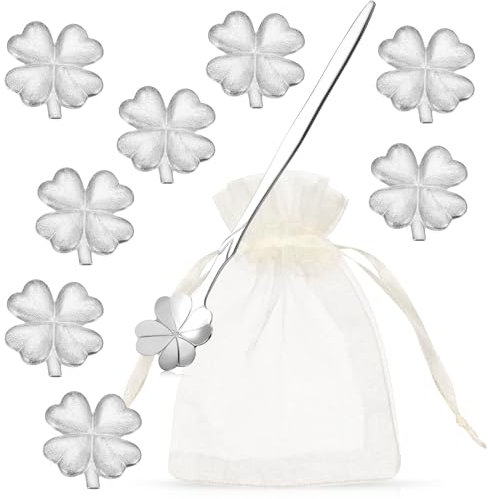 Namalu 8pcs Zinngießset Zinn Giessen Silvestergießen Das Wahrsagerei Partyspiel mit Löffel und Organzabeutel Die Gesunde Bleigießen Alternative für Partyspiele Silvester Neujahr(Vierblättrige Blatt)