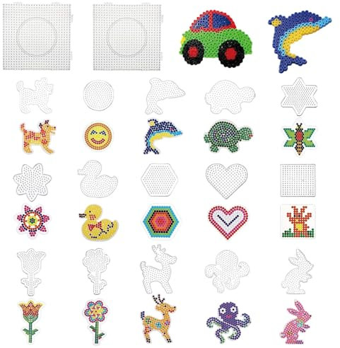17 Pcs Hama Beads Pegboard Set - Clear Animal Shape Boards, Transparent Pin Plates for Kids DIY Ironing Projects - Includes Hammer and Template Paper Cards