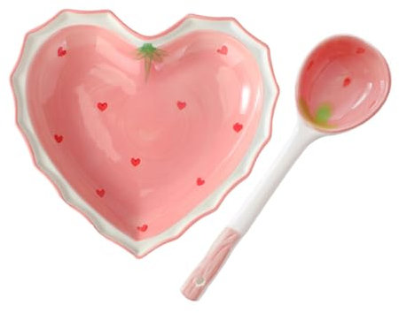 MAGICLULU Ensemble De Cuillères À Bol en Céramique en Forme De Cœur À Motif De Fraise Bol À Fruits Décoratif Ustensiles De Cuisine Kawaii