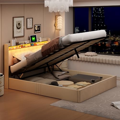 Polsterbet, Doppelbett 160x200 cm, Hydraulisch Stauraumbett, Boxspringbett mit Stauraum, Funktionsbett mit Großer Stauraum und LED Kopfteil, Polsterbett mit USB Typ C Ladefunktion und Lattenrost, Juge