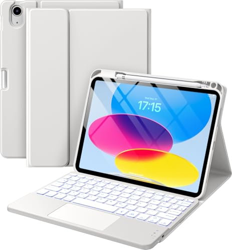 Vobafe Hülle mit Tastatur für iPad 10 Generation 2022, iPad 11 Generation A16 2025, 11/10,9 Zoll, Multi Touch Trackpad, 7 farbiges Hintergrundlicht, mit Stifthalter, QWERTZ Layout, Grau