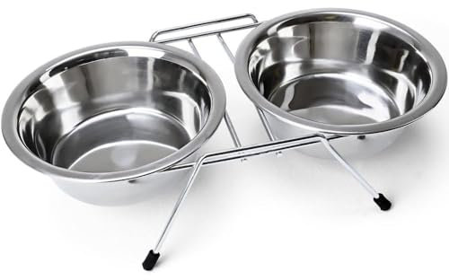 Envenzo Stainless Steel Double Pet Bowl Raised Feeding Station – Elevated Feeder with 2 Removable Bowls & Non-Slip Stand for Cats, Small & Medium Dogs