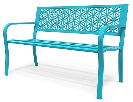 Bonnlo Garden Bench for 2-3 Seaters, Outdoor Patio Bench with Floral Back, Rust Resistant Sturdy Construction Garden Seat, Blue