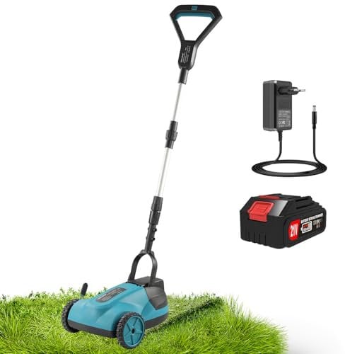 Akku-Rasenmäher, Akku Handrasenmäher, Akku Rasenmäher Bürstenloser Motor, 21cm Schnittbreite, 26/41/56 mm Schnitthöhe, Mit 1 3.0Ah Batterie, Teleskopstange, Leicht und Flexibel, für Rasenflächen