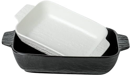 UIBFCWN Juego de 2 Bandejas Rectangulares de Cerámica para Hornear, Bandejas Apilables para Hornear, 500 ml, 1300 ml, Platos de Cerámica para Hornear, Blanco + Negro