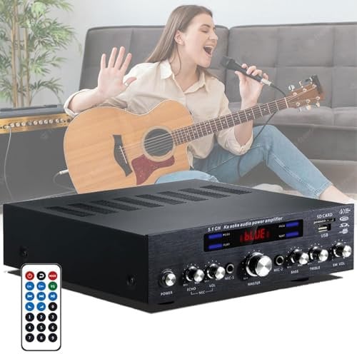 GHRERTX Stereo Audio Amplifier, 5.1 Bluetooth Power Amplifier for Speakers, with LCD Display & Remote Control, Usb/sd/rca/mic In, for Home Theater Speakers, Studio
