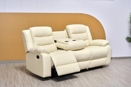 Cream Leather Manual Recliner 3+2+1 Seater Sofa with Dropdown Table & Cupholders - Recliner Sofa Set For Living Room (3 Seater)