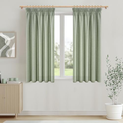 MRTREES Gardinen Halbtransparent Kurz Fenster Vorhang Leinenoptik mit Kräuselband 150 cm Lang 140 cm Breit, Vorhänge Salbeigrün 2er Set für Küche Wohnzimmer Schlafzimmer Kinderzimmer