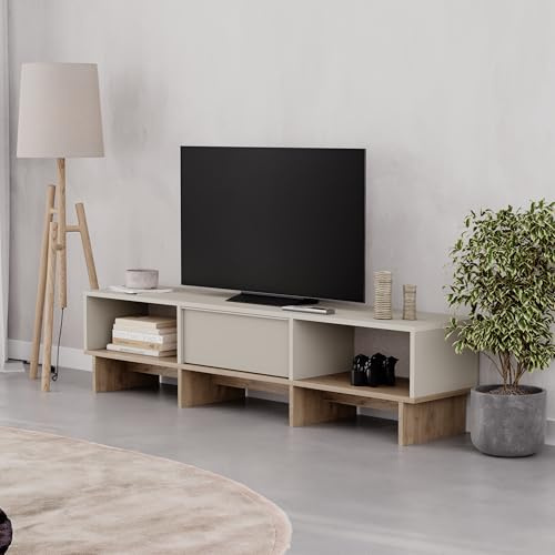 HOCUS PICUS TV Stand Cabinet 118–170 Cm, Easy Assembly, Sandstone - Oak | TV Unit with Wooden Legs & Clean Lines, Multiple Storage Layouts, Scandinavian Style Living Room Furniture